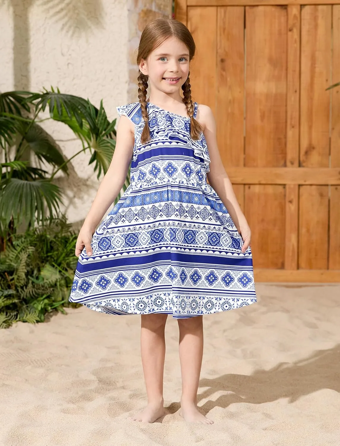 PATPAT Girls Summer Beach Dress Boho Hawaiian Floral One Shoulder Sundress Pack of 2 Size 3-10 Years
