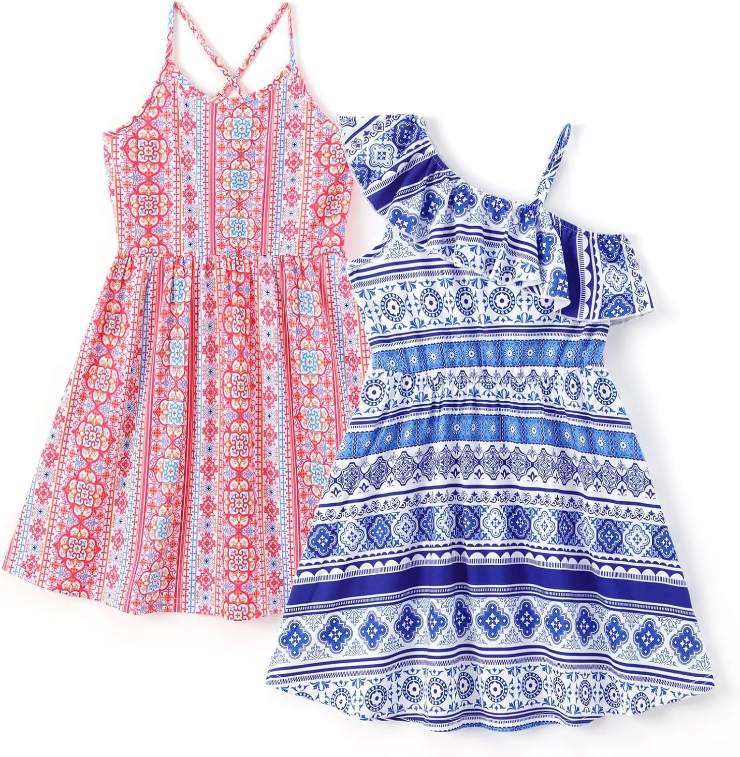 PATPAT Girls Summer Beach Dress Boho Hawaiian Floral One Shoulder Sundress Pack of 2 Size 3-10 Years