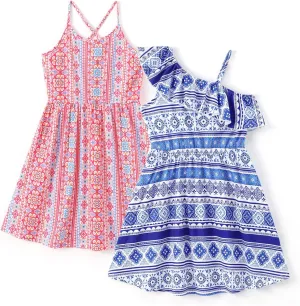 PATPAT Girls Summer Beach Dress Boho Hawaiian Floral One Shoulder Sundress Pack of 2 Size 3-10 Years