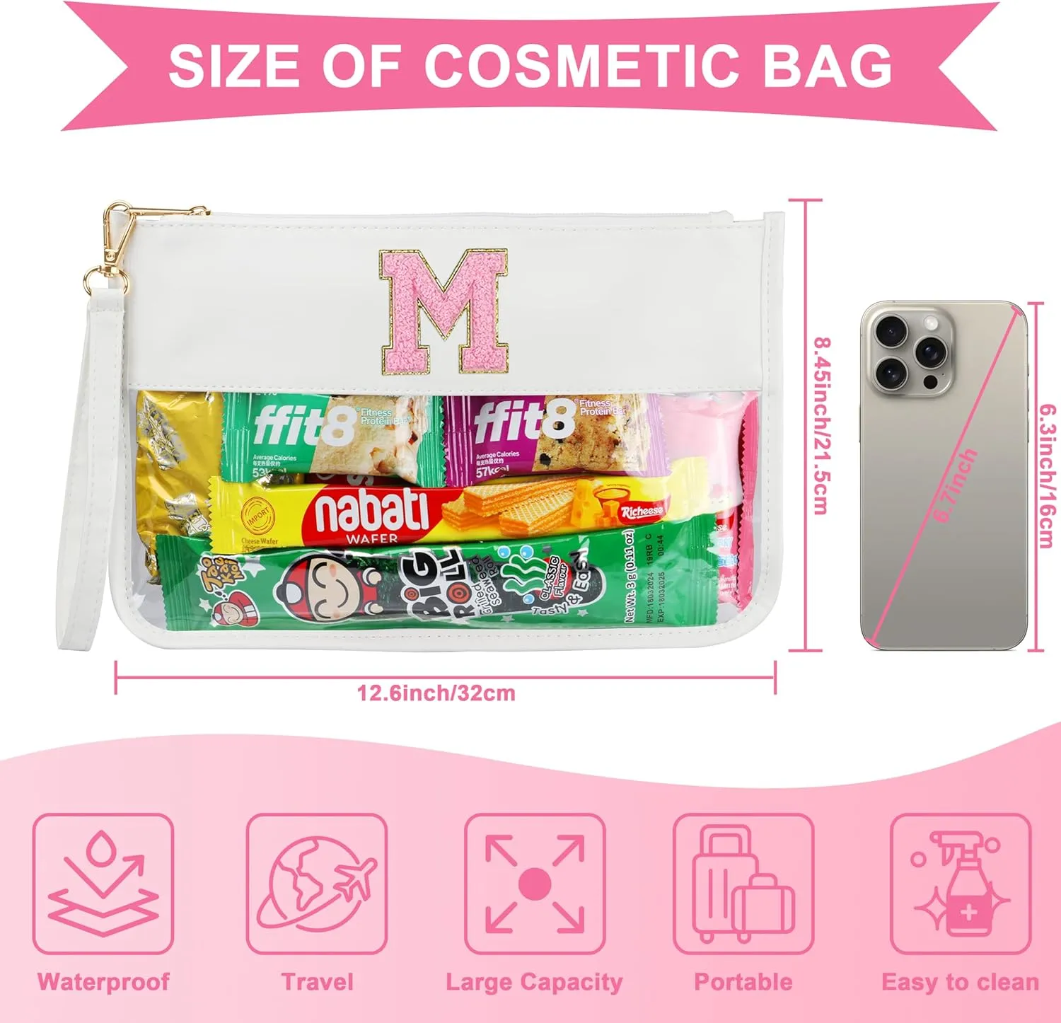 Personalized Initial Letter Clear Makeup Bag, Chenille Varsity Letter Flat Pouch with Zipper, Waterproof Clear PVC&PU Preppy Monogram Patch Travel Cosmetic Toiletry Bags for Teen Girls Women Gifts J