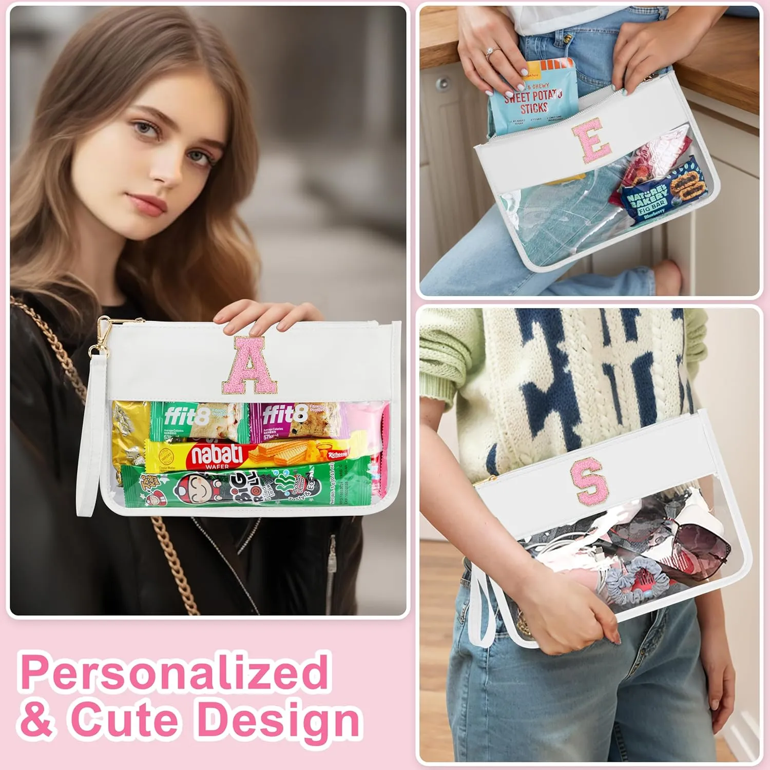 Personalized Initial Letter Clear Makeup Bag, Chenille Varsity Letter Flat Pouch with Zipper, Waterproof Clear PVC&PU Preppy Monogram Patch Travel Cosmetic Toiletry Bags for Teen Girls Women Gifts J
