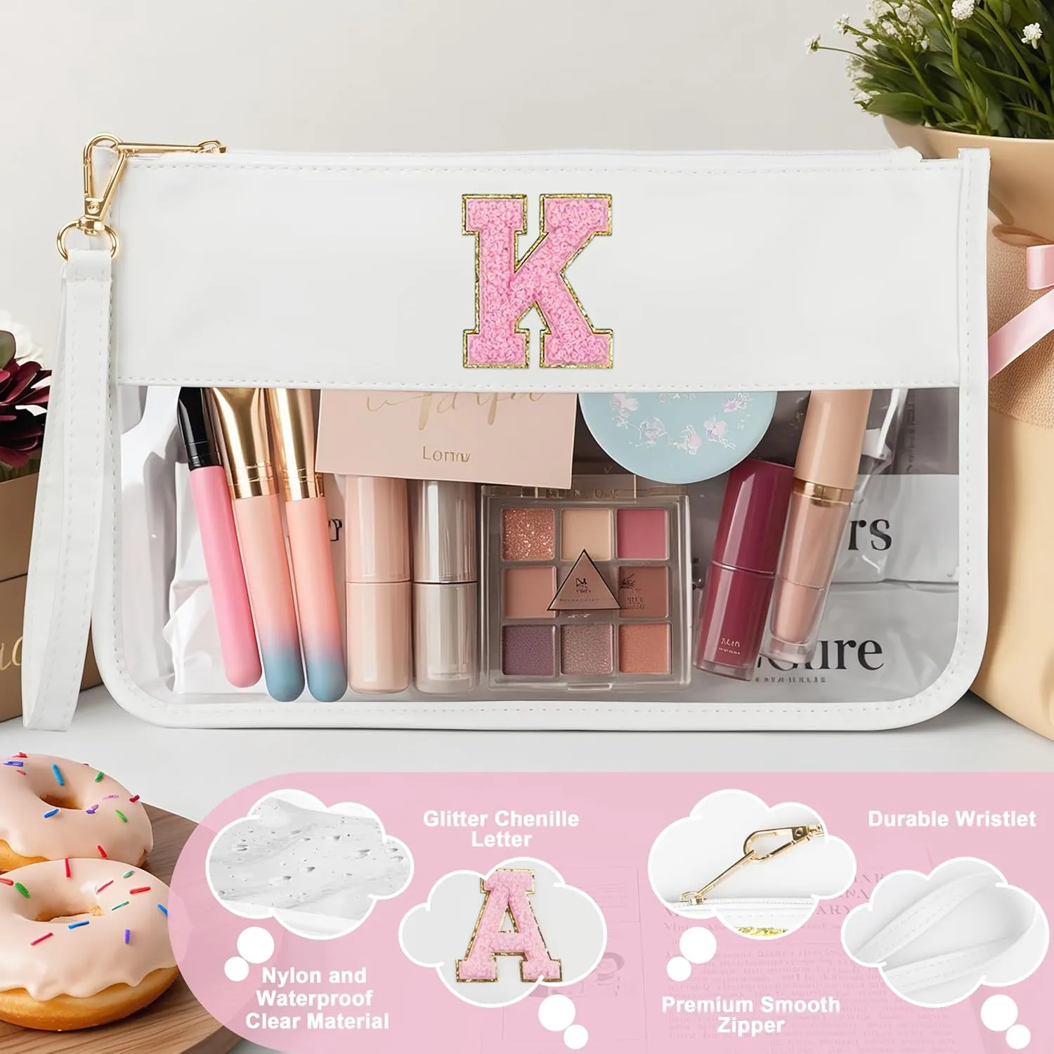 Personalized Initial Letter Clear Makeup Bag, Chenille Varsity Letter Flat Pouch with Zipper, Waterproof Clear PVC&PU Preppy Monogram Patch Travel Cosmetic Toiletry Bags for Teen Girls Women Gifts J