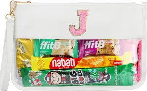 Personalized Initial Letter Clear Makeup Bag, Chenille Varsity Letter Flat Pouch with Zipper, Waterproof Clear PVC&PU Preppy Monogram Patch Travel Cosmetic Toiletry Bags for Teen Girls Women Gifts J