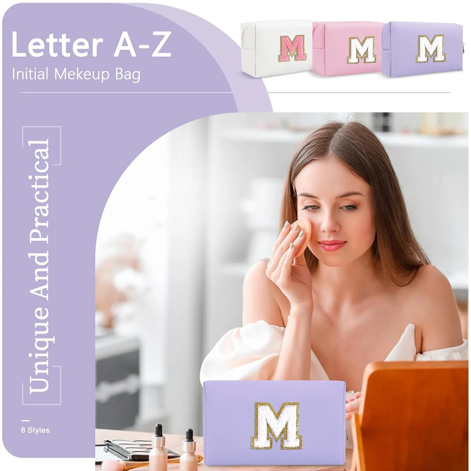 Personalized Makeup Bag Initial A-Z Preppy Patch Bag,Small PU Leather Travel Cosmetic Bag Pouch with Zipper,Purple Cute Toiletry Bag,Gift Ideal for Teen Girls Women Birthday Friend Mom,Latter M