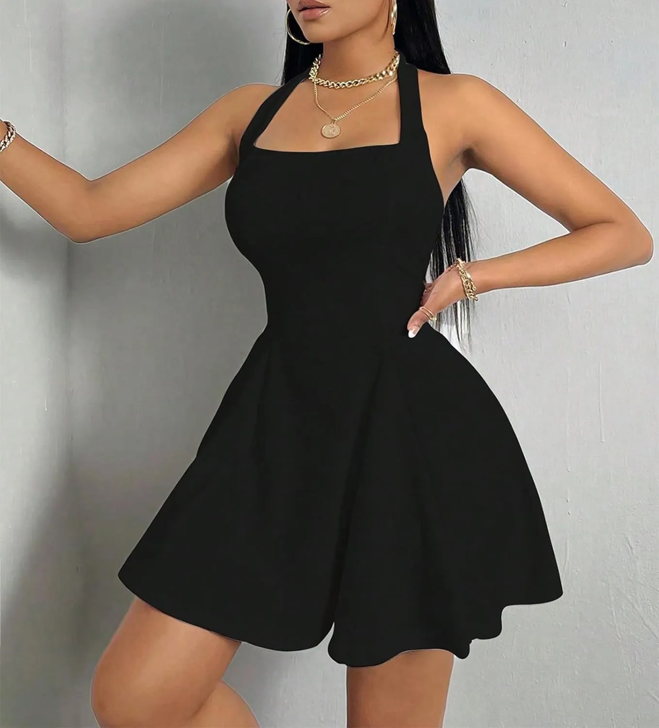 PerZeal Women's 2025 Summer Dress Sleeveless Halter Neck Sundress Backless Flared Short Mini Beach Dress