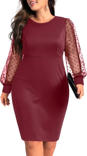 Pinup Fashion Women's Plus Size Pencil Dresses Mesh Contrast Long Sleeve Round Neck Bodycon Wedding Guest Cocktail Dress