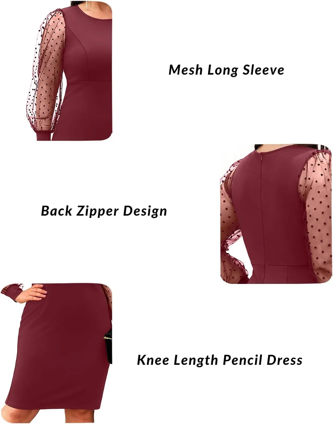 Pinup Fashion Women's Plus Size Pencil Dresses Mesh Contrast Long Sleeve Round Neck Bodycon Wedding Guest Cocktail Dress