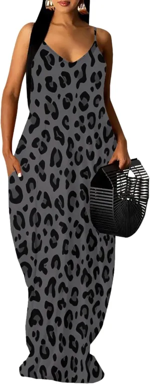 Plus Size Dress for Women 2024 Casual Sleeveless Sundress Loose Spaghetti Strap Long Summer Beach Maxi Dress with Pockets