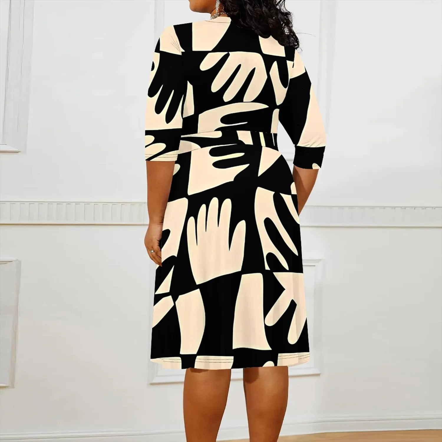 Plus Size Dress for Women Flowy 3/4 Sleeve V Neck Printing Midi Dresses Sexy Wrap Cocktail Party Dress Empire Waist with Belt
