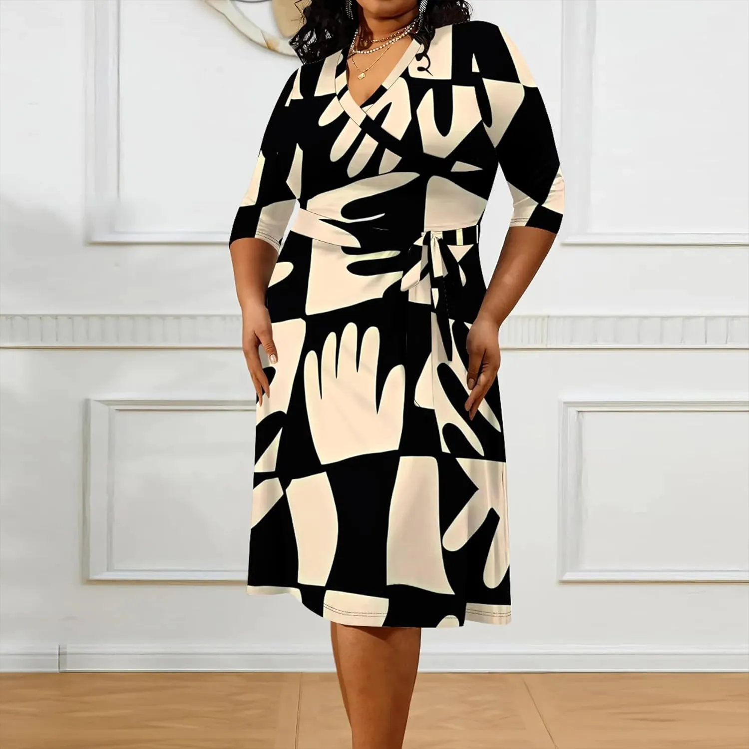 Plus Size Dress for Women Flowy 3/4 Sleeve V Neck Printing Midi Dresses Sexy Wrap Cocktail Party Dress Empire Waist with Belt