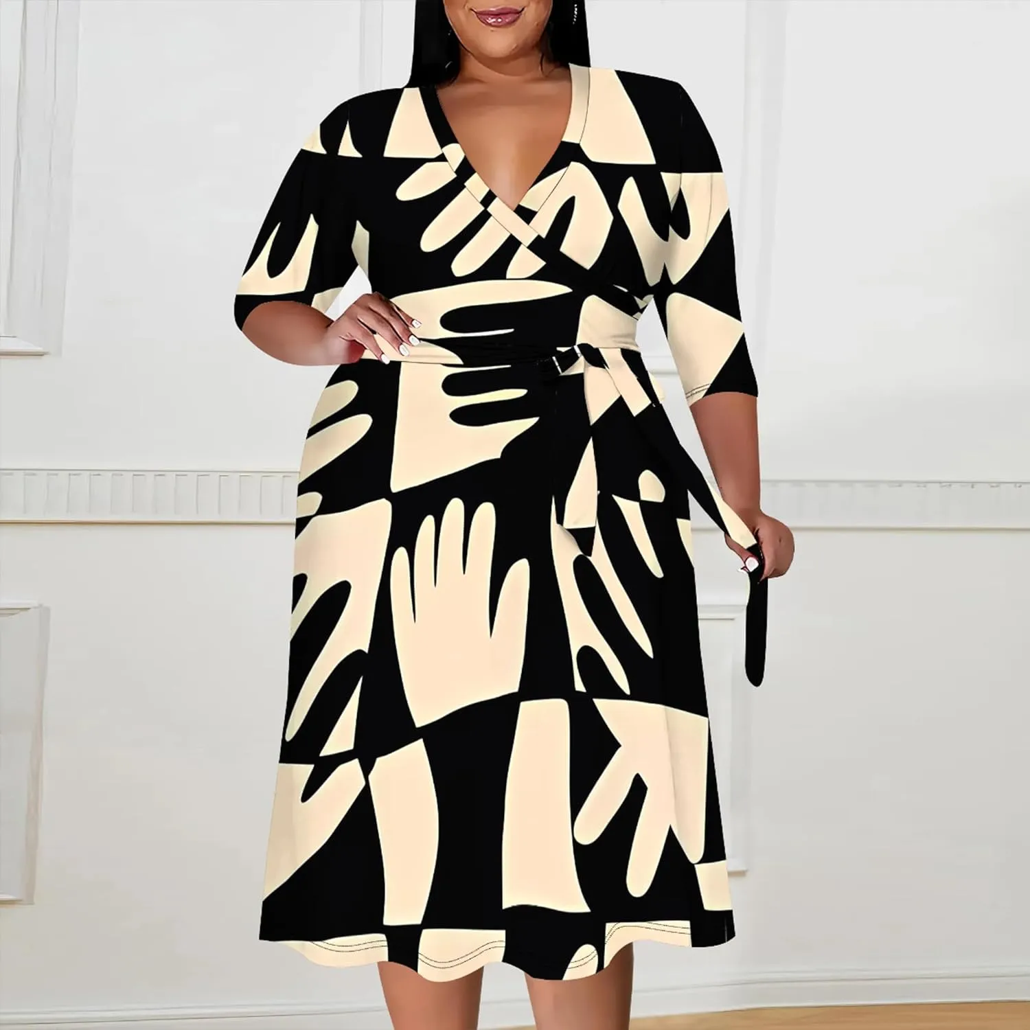 Plus Size Dress for Women Flowy 3/4 Sleeve V Neck Printing Midi Dresses Sexy Wrap Cocktail Party Dress Empire Waist with Belt