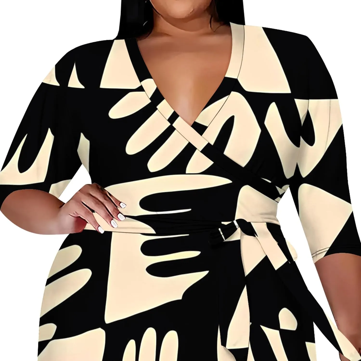 Plus Size Dress for Women Flowy 3/4 Sleeve V Neck Printing Midi Dresses Sexy Wrap Cocktail Party Dress Empire Waist with Belt