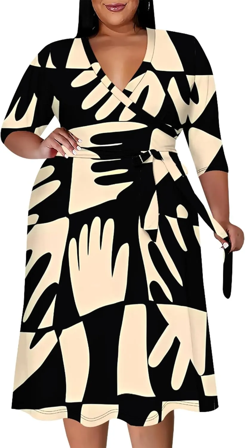 Plus Size Dress for Women Flowy 3/4 Sleeve V Neck Printing Midi Dresses Sexy Wrap Cocktail Party Dress Empire Waist with Belt