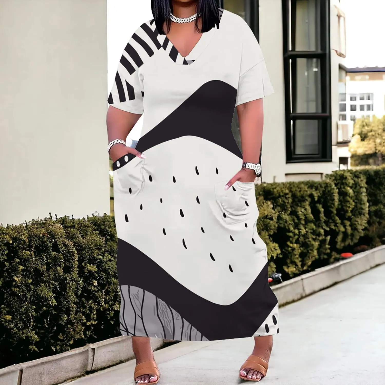 Plus Size Dresses for Curvy Women 2024 Summer Casual Short Sleeve T Shirt Midi Dress with Pockets