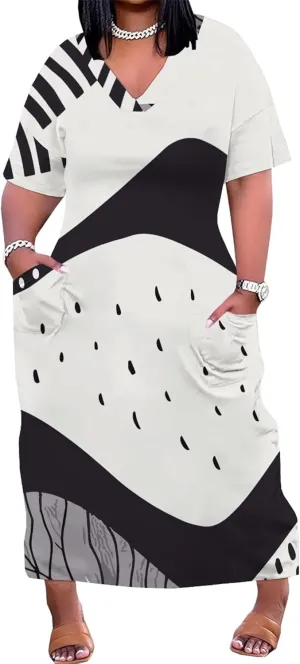 Plus Size Dresses for Curvy Women 2024 Summer Casual Short Sleeve T Shirt Midi Dress with Pockets