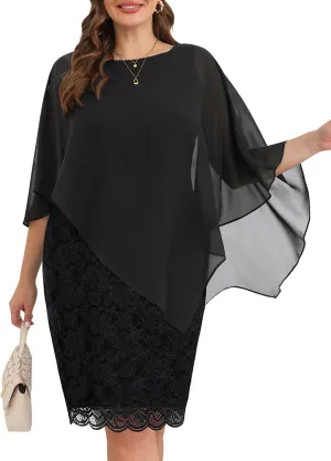 Plus Size Dresses Wedding Guest - Mother Bride Semi Formal Lace Cape with Chiffon Overlay Dresses