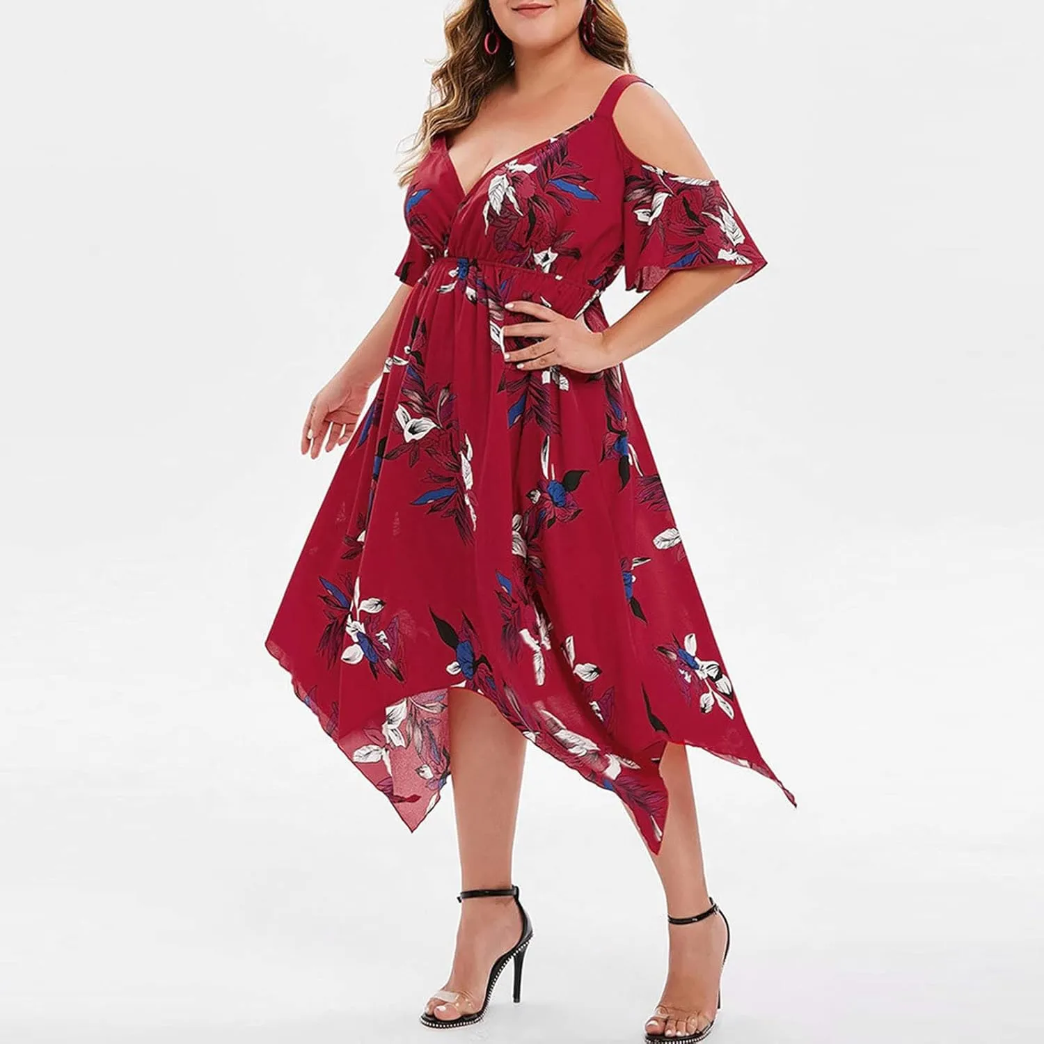 Plus Size Maxi Dress for Women Summer Casual Short Sleeve Floral Midi Dresses Sexy V Neck Vacation Beach Sundress