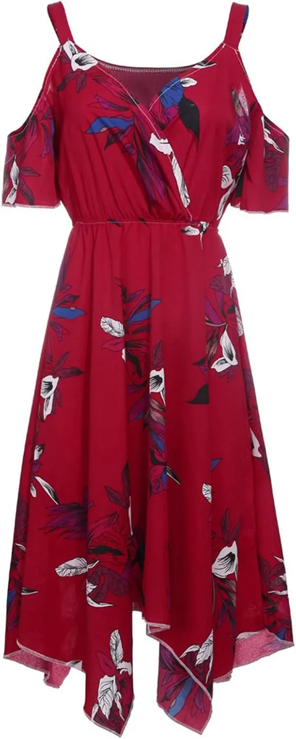 Plus Size Maxi Dress for Women Summer Casual Short Sleeve Floral Midi Dresses Sexy V Neck Vacation Beach Sundress