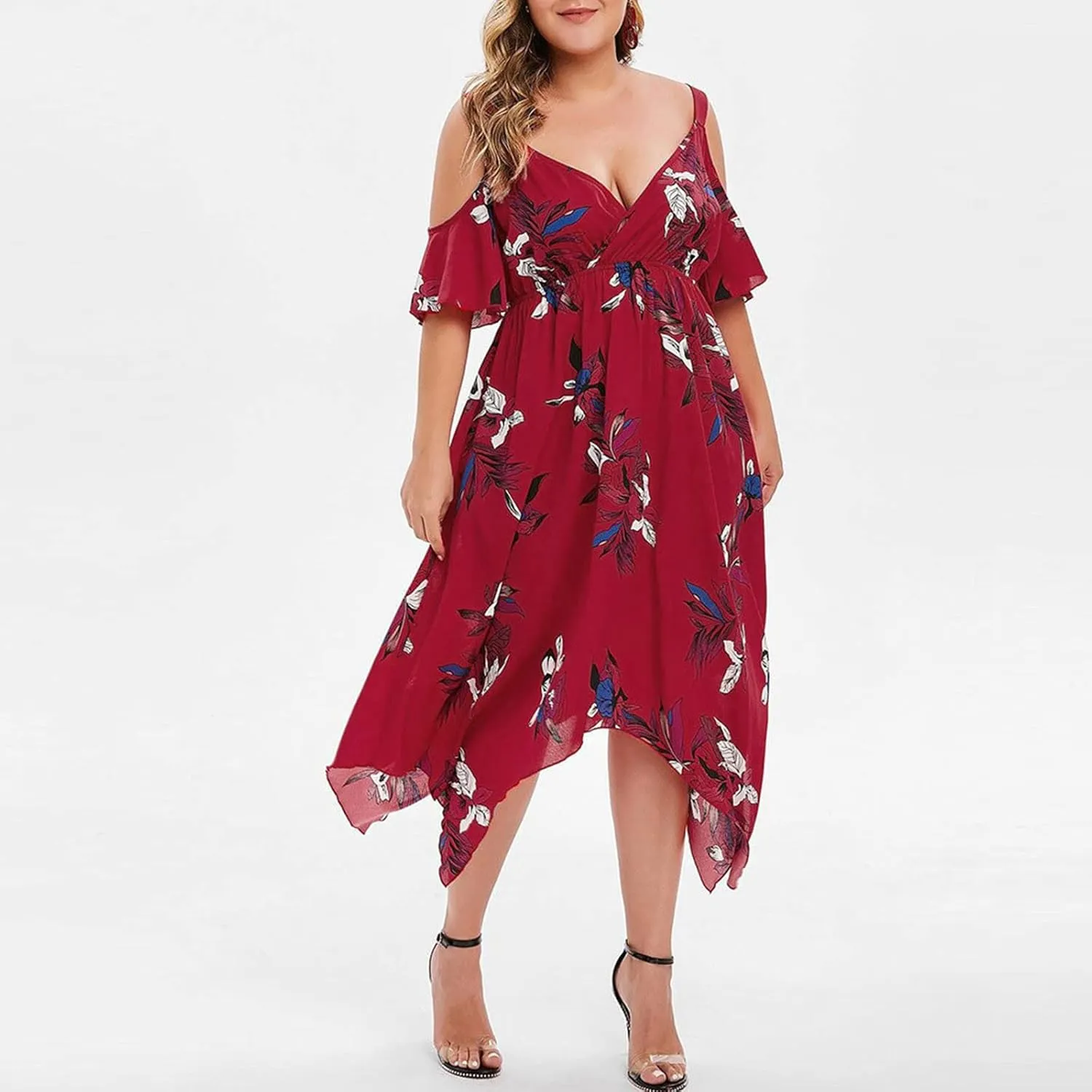 Plus Size Maxi Dress for Women Summer Casual Short Sleeve Floral Midi Dresses Sexy V Neck Vacation Beach Sundress