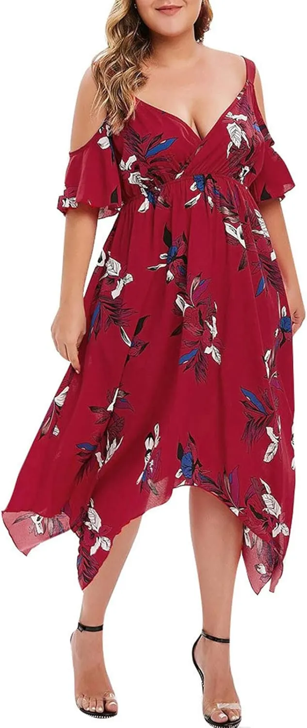 Plus Size Maxi Dress for Women Summer Casual Short Sleeve Floral Midi Dresses Sexy V Neck Vacation Beach Sundress