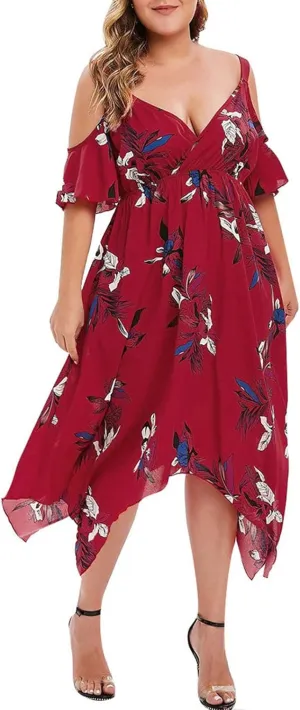 Plus Size Maxi Dress for Women Summer Casual Short Sleeve Floral Midi Dresses Sexy V Neck Vacation Beach Sundress