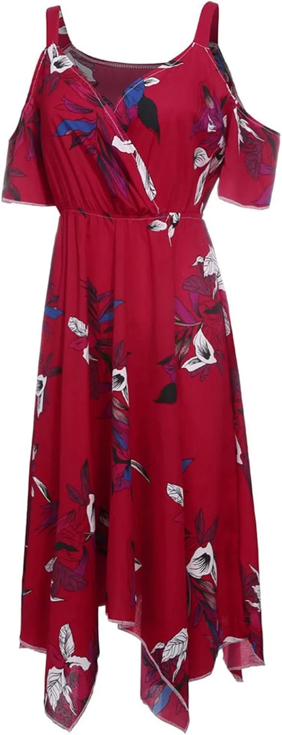 Plus Size Maxi Dress for Women Summer Casual Short Sleeve Floral Midi Dresses Sexy V Neck Vacation Beach Sundress