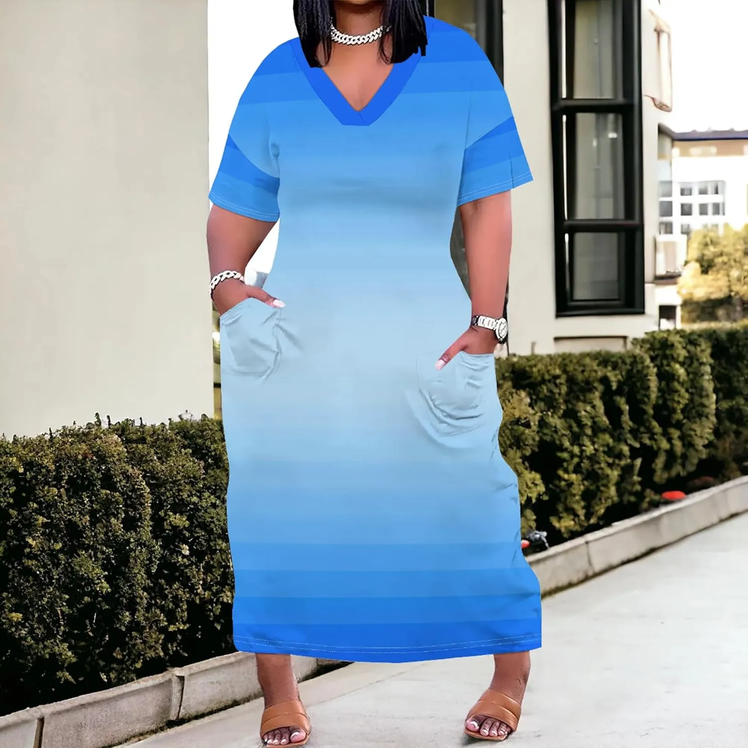 Plus Size Shirt Dresses for Curvy Women Summer 2024 Loose V Neck Oversize Short Sleeve Midi Sundresses with Pockets