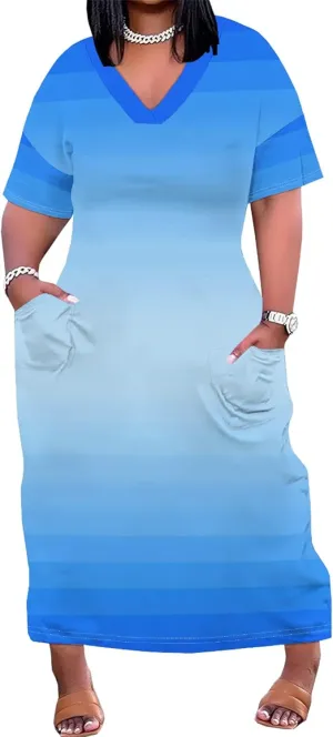 Plus Size Shirt Dresses for Curvy Women Summer 2024 Loose V Neck Oversize Short Sleeve Midi Sundresses with Pockets