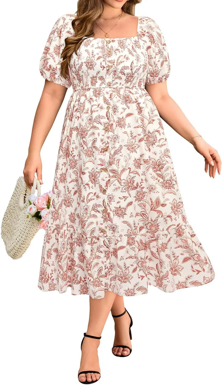 Plus Size Summer Dresses - Boho Casual Wedding Guest Midi Flowy Short Sleeves Smocked Button Down Dress for Curvy Women