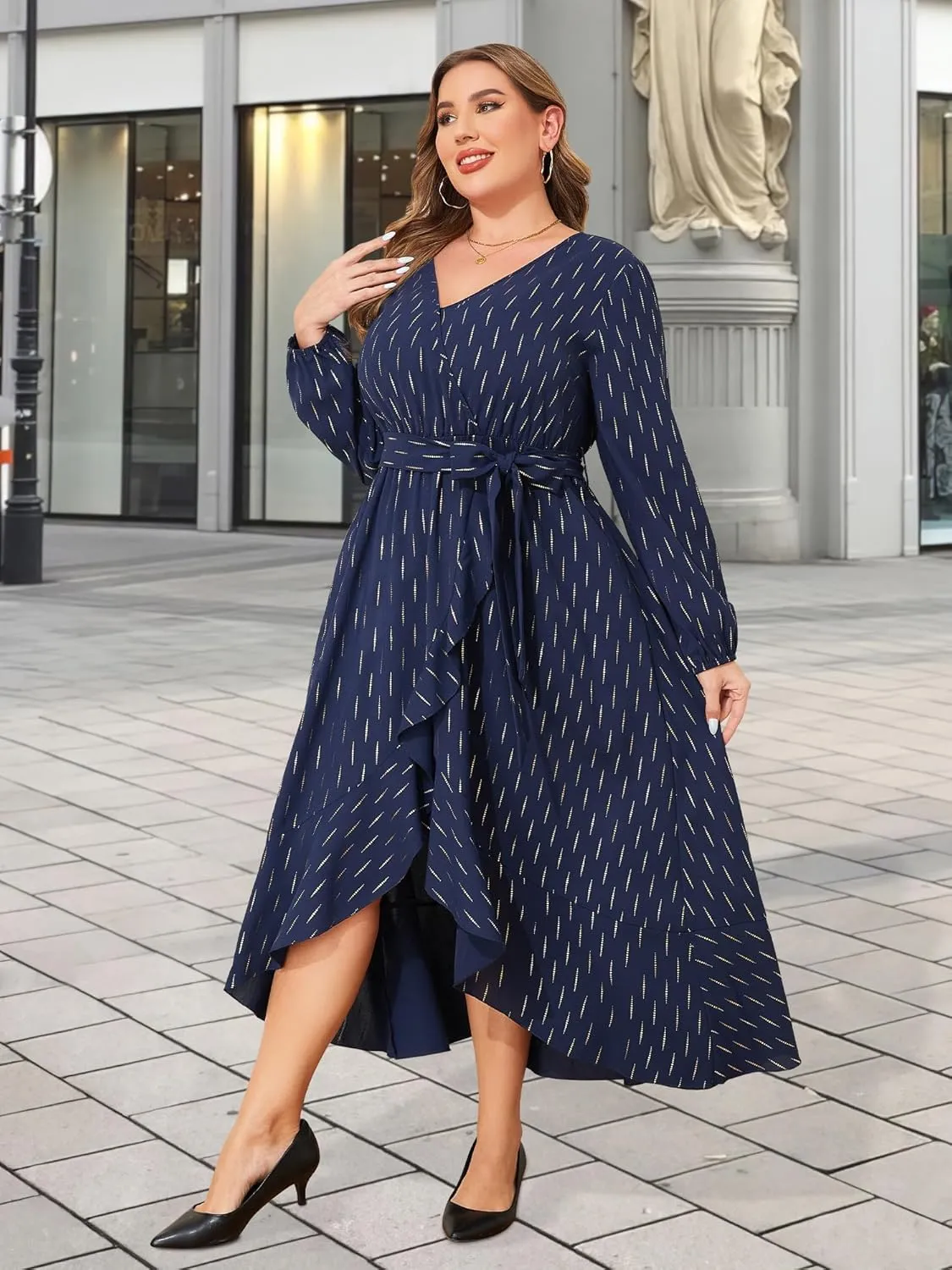 Plus Size Wedding Guest Dress - Long Sleeve V Neck Formal Dress Irregular Evening Gown