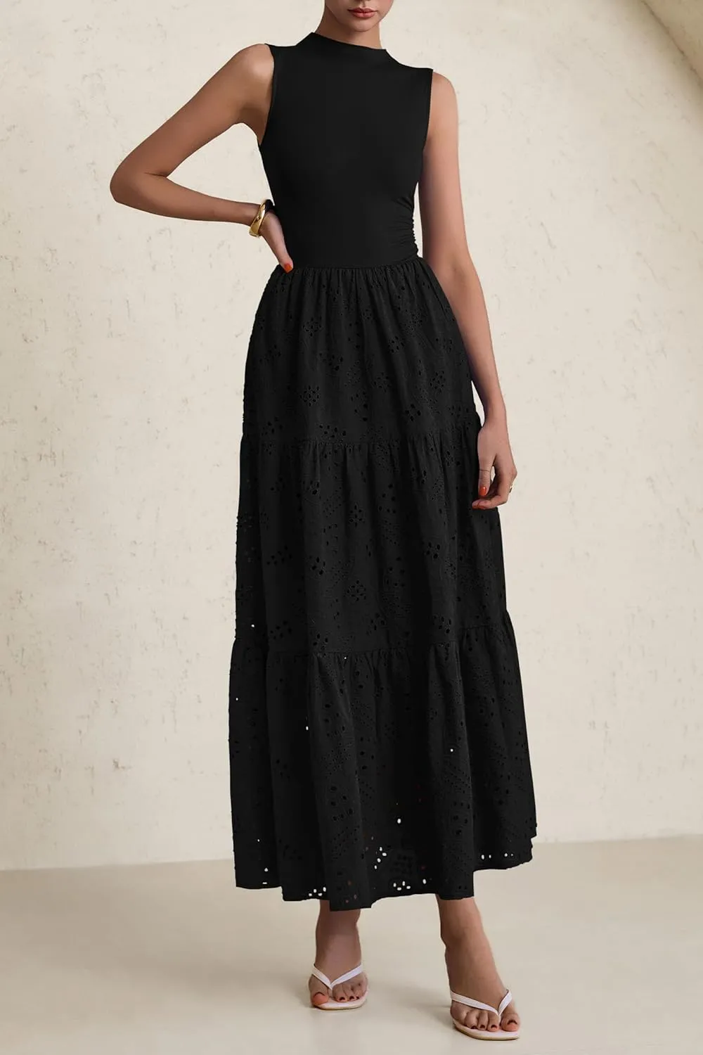 PRETTYGARDEN Summer Dresses for Women 2025 Casual Eyelet Sleeveless Wedding Guest Maxi Dress Tank Top Sundress with Pockets