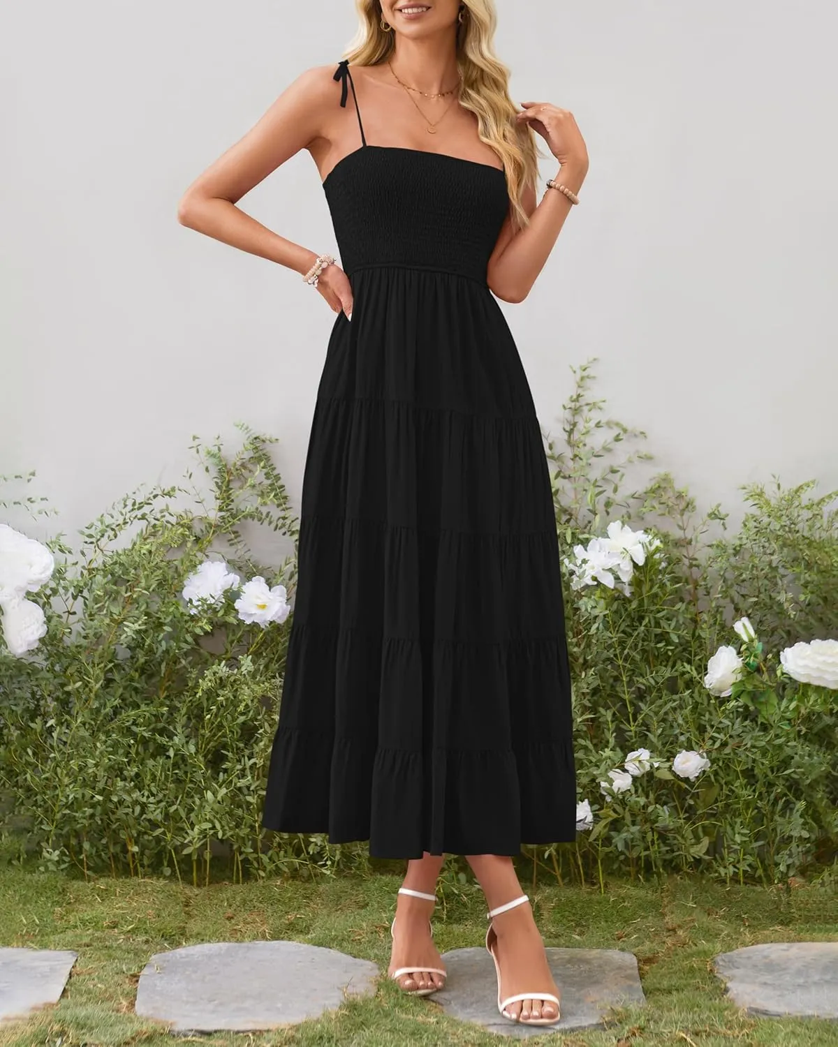 PRETTYGARDEN Women's Summer Dresses 2025 Spaghetti Strap Sleeveless Backless Smocked A-Line Boho Flowy Midi Beach Dress