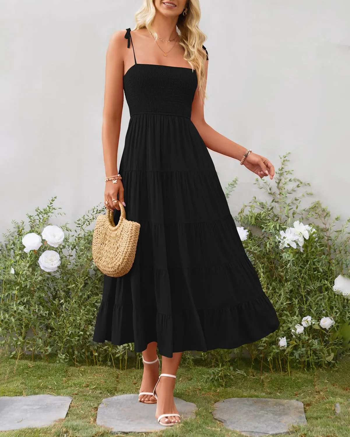 PRETTYGARDEN Women's Summer Dresses 2025 Spaghetti Strap Sleeveless Backless Smocked A-Line Boho Flowy Midi Beach Dress