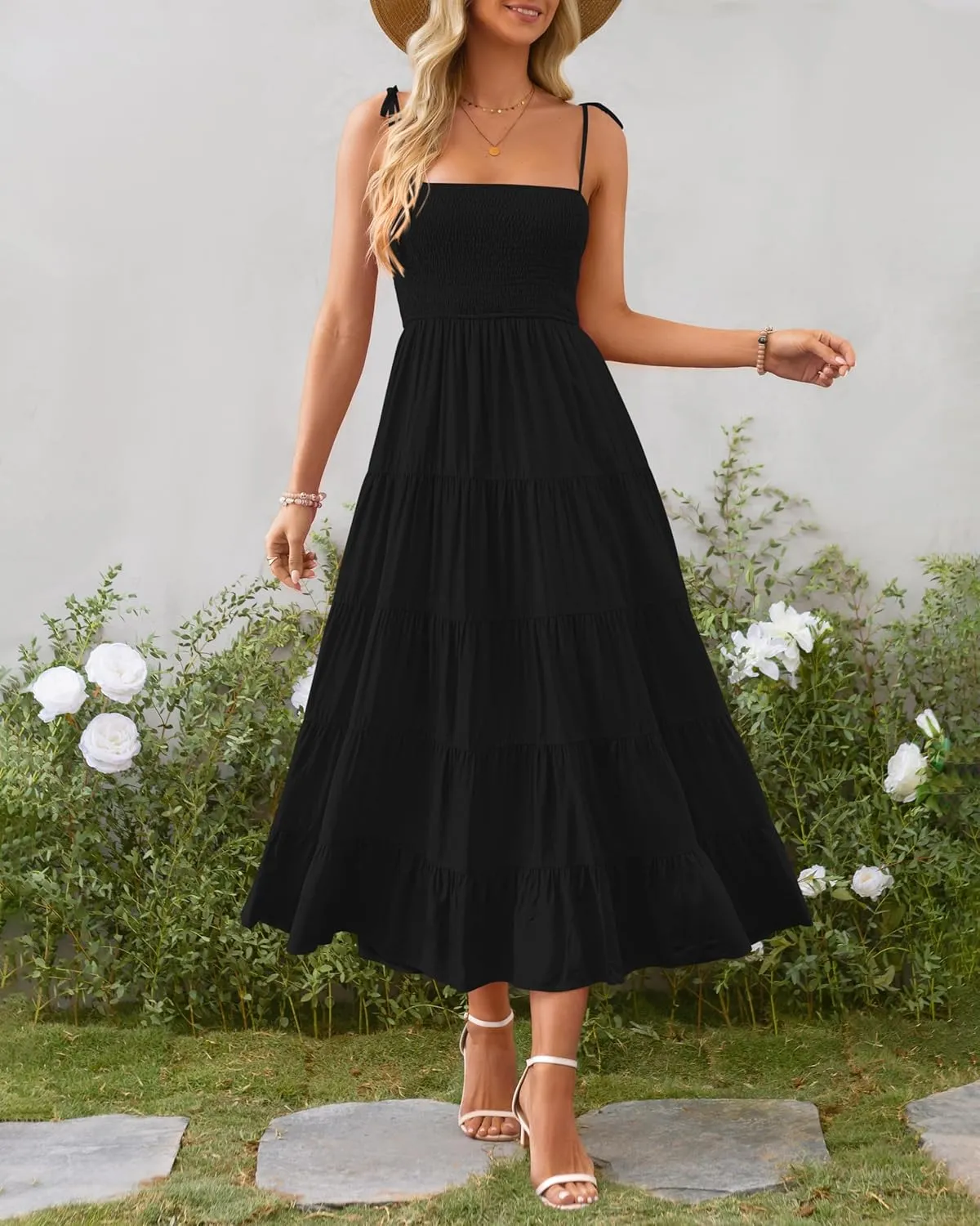 PRETTYGARDEN Women's Summer Dresses 2025 Spaghetti Strap Sleeveless Backless Smocked A-Line Boho Flowy Midi Beach Dress