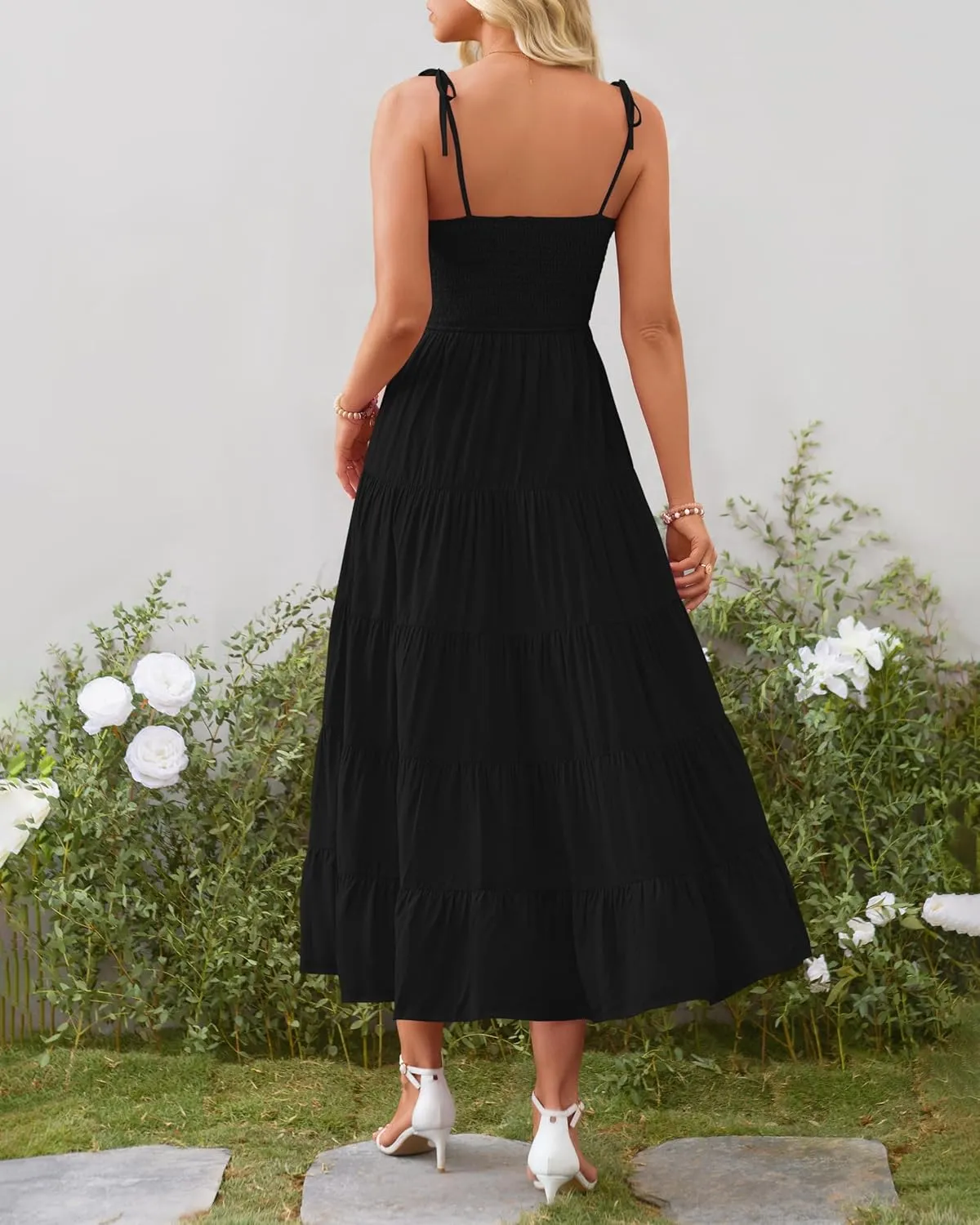 PRETTYGARDEN Women's Summer Dresses 2025 Spaghetti Strap Sleeveless Backless Smocked A-Line Boho Flowy Midi Beach Dress