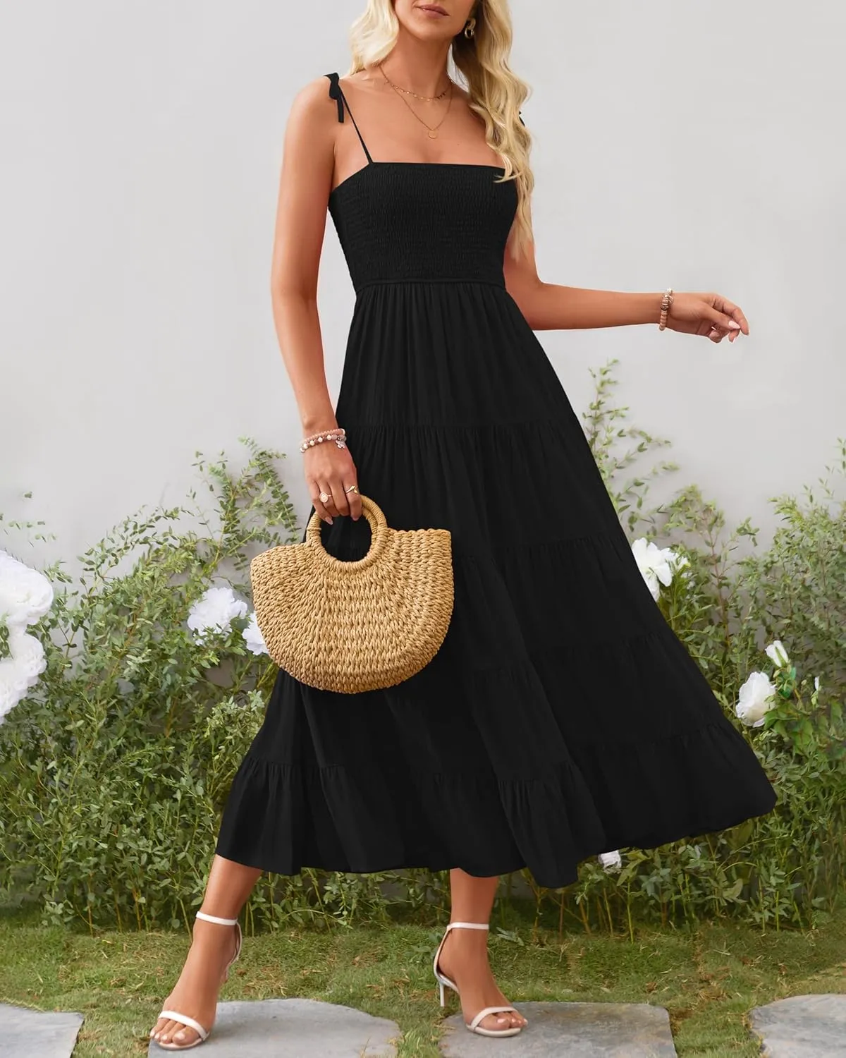 PRETTYGARDEN Women's Summer Dresses 2025 Spaghetti Strap Sleeveless Backless Smocked A-Line Boho Flowy Midi Beach Dress