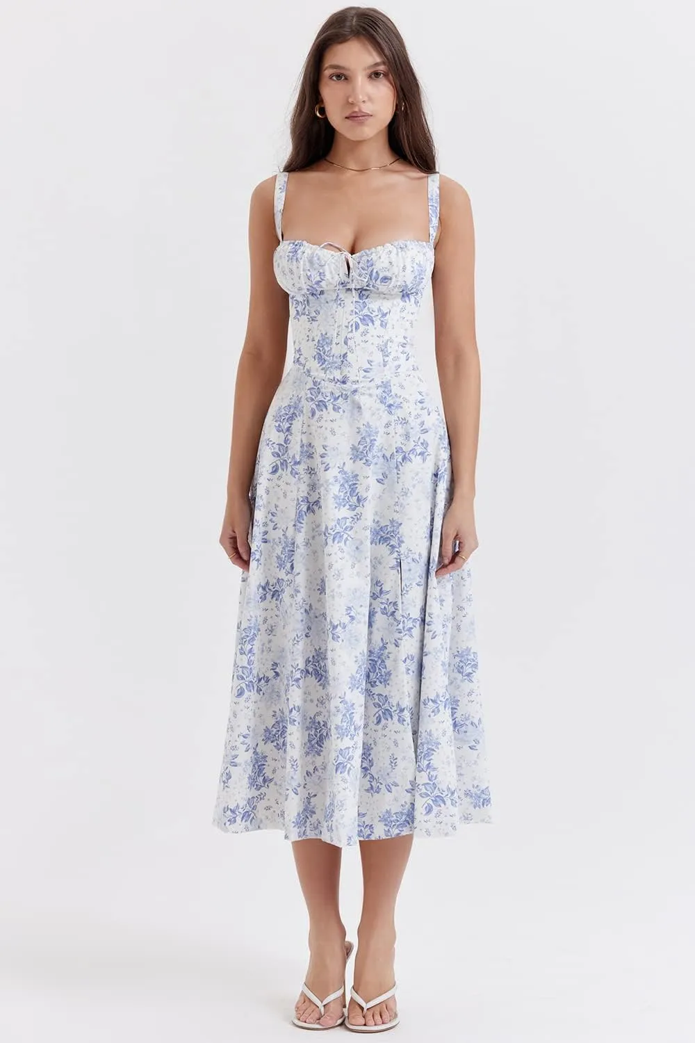 RanRui Women's Floral deep Vneck Midi Dress Dress Sexy Waist Split Medium and Long Dress Strap Pleated Suspender Skirt