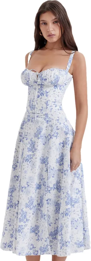RanRui Women's Floral deep Vneck Midi Dress Dress Sexy Waist Split Medium and Long Dress Strap Pleated Suspender Skirt
