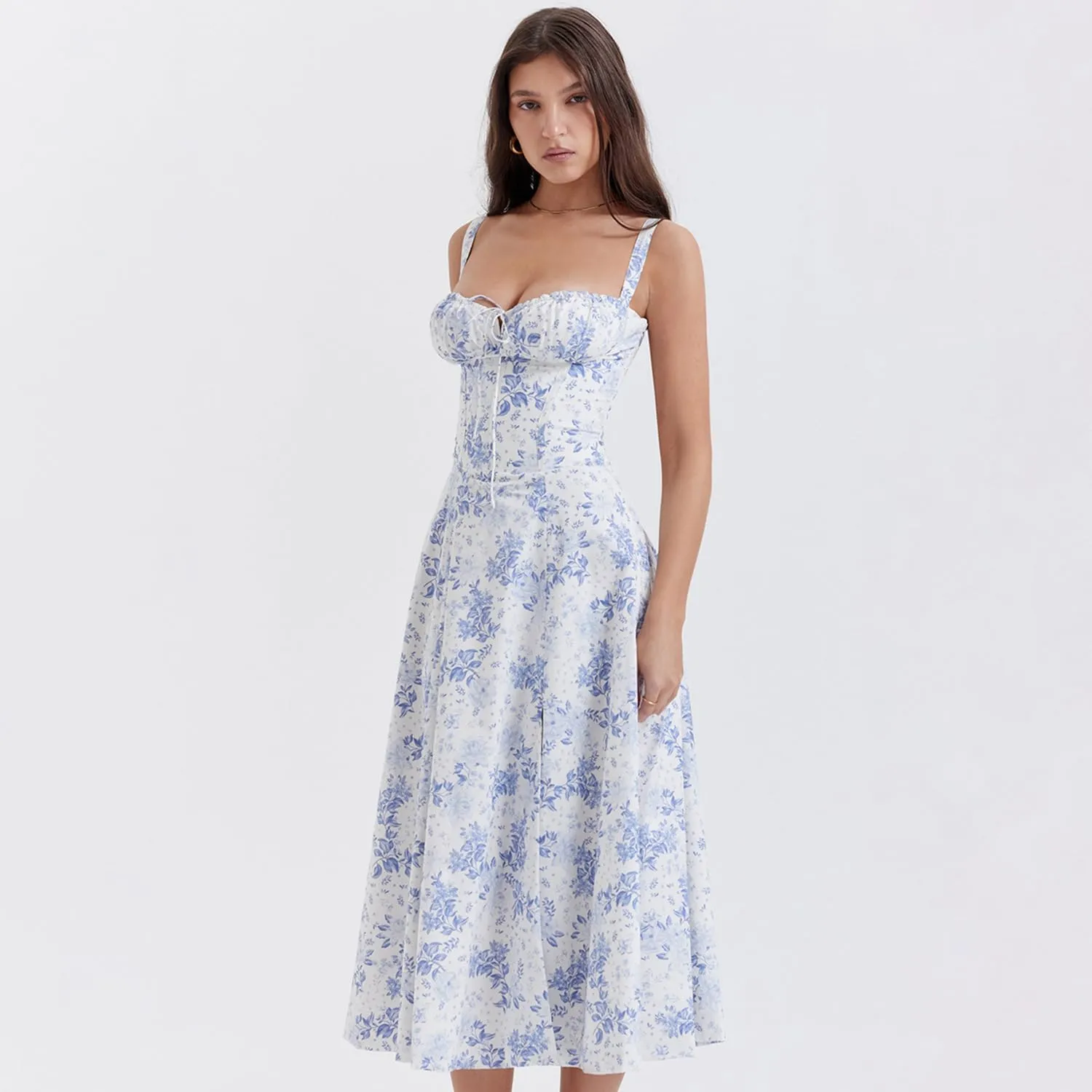 RanRui Women's Floral deep Vneck Midi Dress Dress Sexy Waist Split Medium and Long Dress Strap Pleated Suspender Skirt