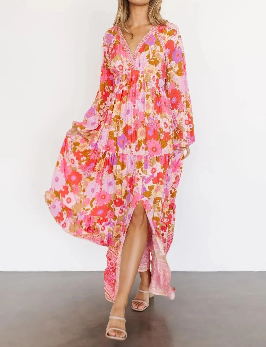 R.Vivimos Women's Boho Floral Print Maxi Dress V Neck Long Sleeve Elastic Waist Casual Flowy Slit Long Sundress