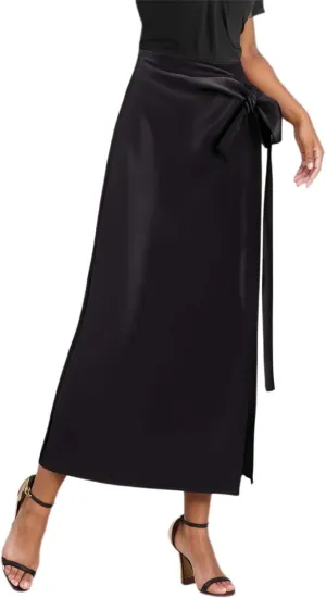 Satin Silk Side Slit Maxi Skirt High Waisted Elastic Waist Split Long Skirts Ruffled Dress for Women