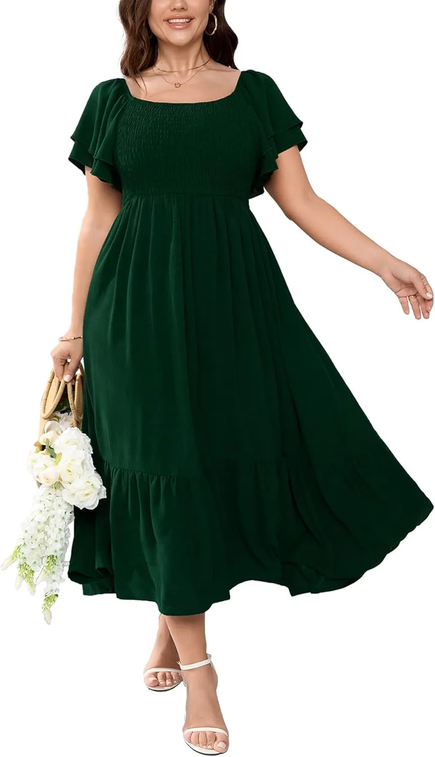 SCOMCHIC Women's Plus Size Maxi Dress Ruffle Sleeve Square Neck Smocked Flowy A-Line Wedding Guest Party Long Dresses