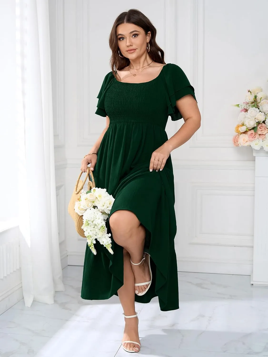 SCOMCHIC Women's Plus Size Maxi Dress Ruffle Sleeve Square Neck Smocked Flowy A-Line Wedding Guest Party Long Dresses