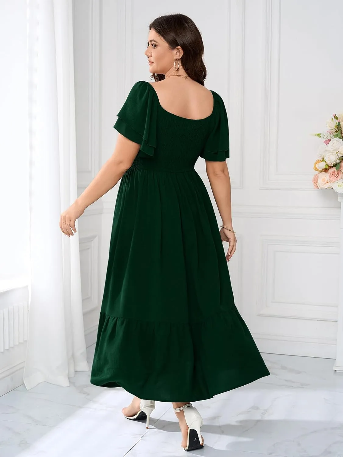 SCOMCHIC Women's Plus Size Maxi Dress Ruffle Sleeve Square Neck Smocked Flowy A-Line Wedding Guest Party Long Dresses