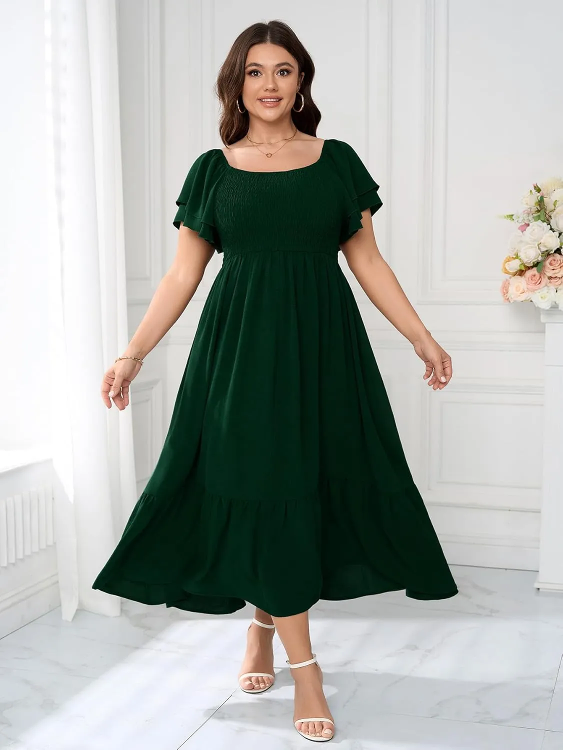 SCOMCHIC Women's Plus Size Maxi Dress Ruffle Sleeve Square Neck Smocked Flowy A-Line Wedding Guest Party Long Dresses