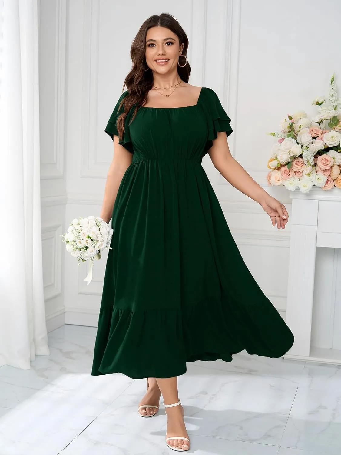 SCOMCHIC Women's Plus Size Maxi Dress Ruffle Sleeve Square Neck Smocked Flowy A-Line Wedding Guest Party Long Dresses
