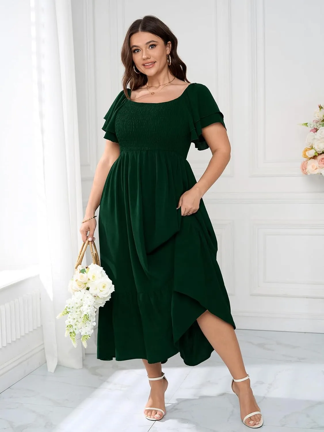 SCOMCHIC Women's Plus Size Maxi Dress Ruffle Sleeve Square Neck Smocked Flowy A-Line Wedding Guest Party Long Dresses
