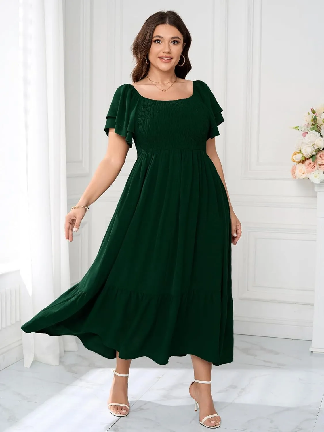 SCOMCHIC Women's Plus Size Maxi Dress Ruffle Sleeve Square Neck Smocked Flowy A-Line Wedding Guest Party Long Dresses
