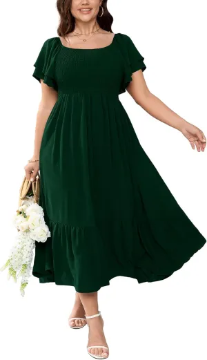 SCOMCHIC Women's Plus Size Maxi Dress Ruffle Sleeve Square Neck Smocked Flowy A-Line Wedding Guest Party Long Dresses