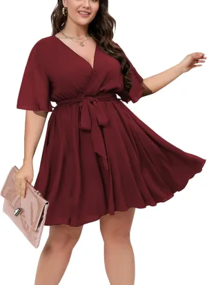 SCOMCHIC Women's Plus Size Summer Dresses Short Sleeve Wrap V Neck A Line Skater Mini Short Dress XL-4XL